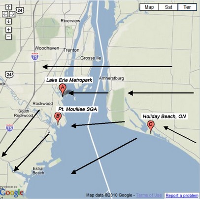 Detroit River area map with migration patterns